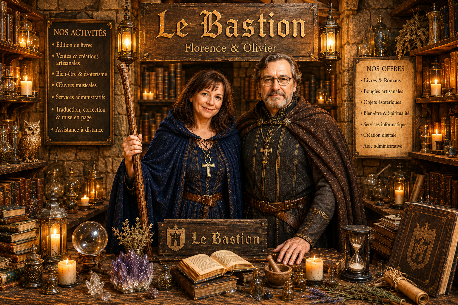 Florence et Olivier, gardiens du Bastion, entourés de livres, bougies et objets ésotériques